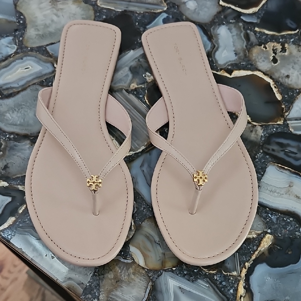Tory Burch pink shell flip flop sandals